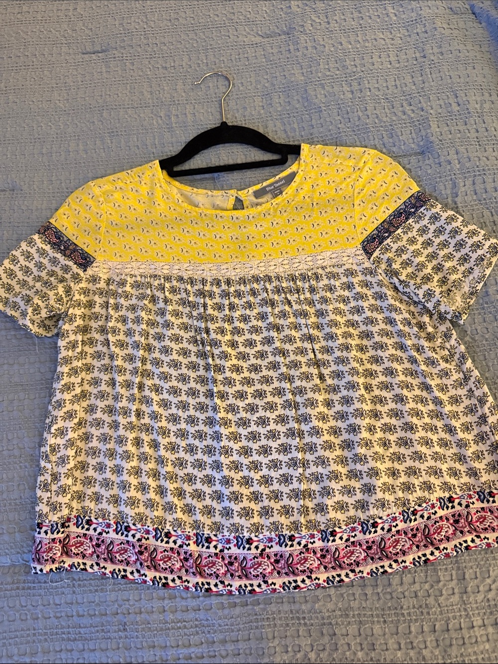Blue Tassel Bohemian Mixed-Print Short Sleeve Babydoll Top Size XS Petite